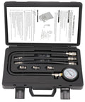 Pro Grade Deluxe Compression Test Kit for Gasoline Engines with dual scale gauge, 14mm flex sockets, adapters, in storage case.