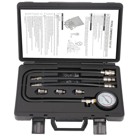 Pro Grade Deluxe Compression Test Kit for Gasoline Engines with dual scale gauge, 14mm flex sockets, adapters, in storage case.