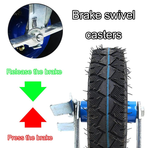 Heavy Duty Pneumatic Rubber Wheel Swivel Caster With Brakes Built Like A Tank For Smooth Industrial Glides and Heavy Lifting overview showing brake mechanism.