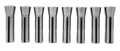 Eight Piece Imperial Steel Collet Set For R8 Milling Machines With Precision Ground Hardened Steel Holders to Secure End Mills