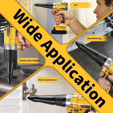 Heavy Duty Brushless Cordless Pop Rivet Gun Pumped With Killer Two Thousand One Hundred Pound Pulling Force For quick auto repair fixes and weekend DIY builds, showing wide application in construction, manufacturing, and home maintenance.