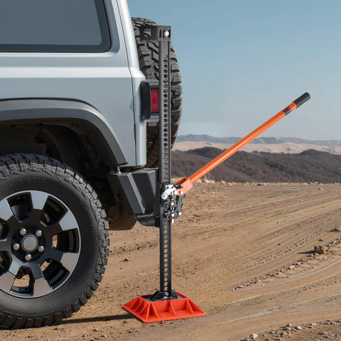 VEVOR 48-inch farm jack with base installed beside rear tire, orange handle, 3.18-ton capacity