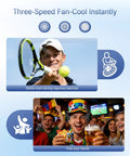 Featherlight Clip On Fan For Outdoor Cooling On The Go Ultra Lightweight 2oz USB C Rechargeable Portable Face Cooling With 3 Speeds Hands Free Hat Clip For Baseball Cap Visor And Sports Fans shown in use during tennis and festive gathering.