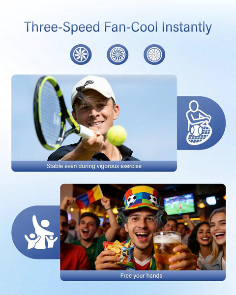 Featherlight Clip On Fan For Outdoor Cooling On The Go Ultra Lightweight 2oz USB C Rechargeable Portable Face Cooling With 3 Speeds Hands Free Hat Clip For Baseball Cap Visor And Sports Fans shown in use during tennis and festive gathering.