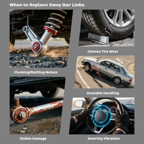 Signs for replacing sway bar links including uneven tire wear, steering vibration, visible damage, and clunking noises.