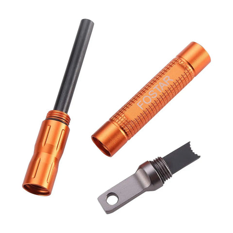 2 Pack Ferro Rod Fire Starter With Replaceable Flint for Emergency Survival in orange aluminum, disassembled view