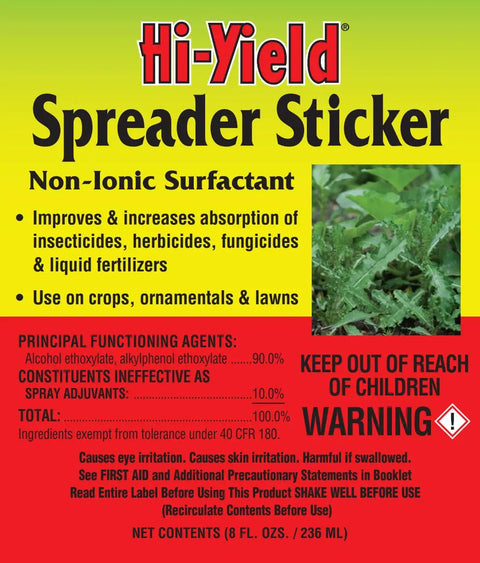 Hi-Yield Spreader Sticker Non-Ionic Surfactant label, 236 ml, improves absorption for insecticides and fertilizers on lawns.