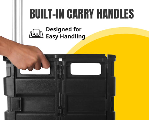 Person using carry handle on Collapsible Rolling Dolly Cart For Teachers And Offices With Adjustable Telescoping Handle And Storage On Wheels The Grab And Go Multi Function Folding Cart For Classrooms Shopping And Transport No Lid