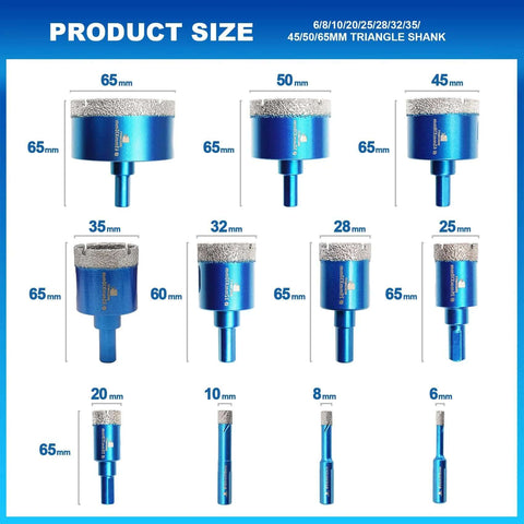 Front view of 11-piece blue diamond core drill bit set with triangle shanks (6–65 mm) for tile and stone