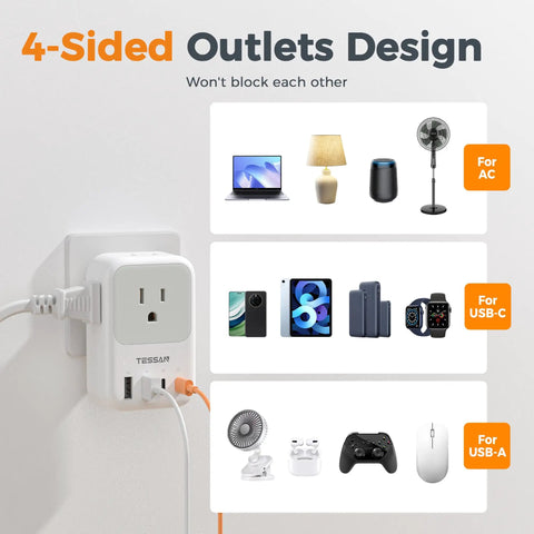 Ultra Compact USB C Charger Block 20W PD Fast Charge Adapter with foldable plug and labeled outlets for various devices.