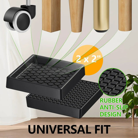 Anti Slip Caster Cups 2x2 Inch, 16 Pack Square Furniture Coasters For Hardwood Floors, black rubber design shown in front view