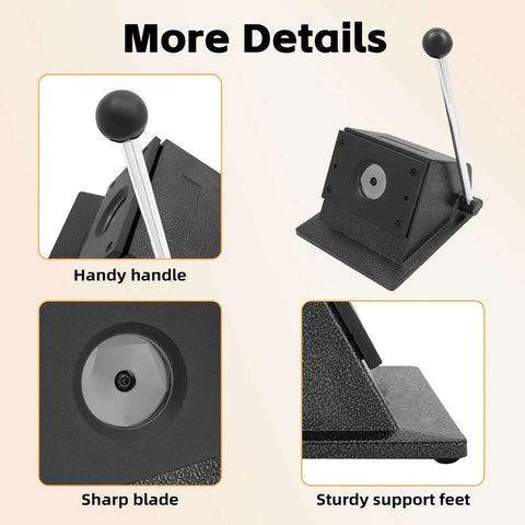 Details of 37mm Round Manual Card Badge Cutter With 3.15 Inch Labor Saving Handle featuring handle, sharp blade, and sturdy support feet.