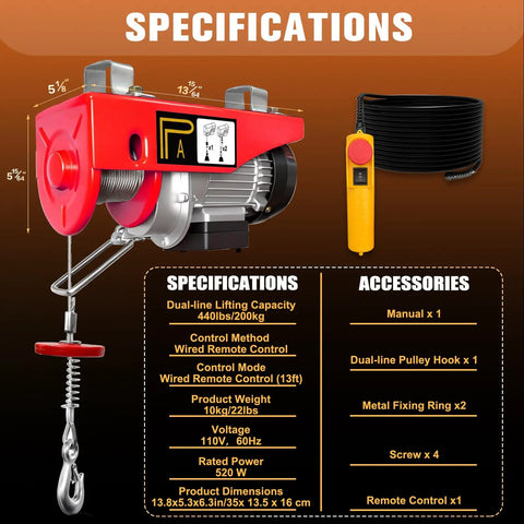 Beefy Electric Hoist 440 Lbs With Wired Remote And Emergency Stop 510W Copper Motor, specifications and accessories shown