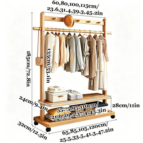 Heavy Duty Bamboo Rolling Clothing Rack With Wheels And Storage Shelves Hella Sturdy Garment Stand Featuring Five Durable Hooks For Versatile Decor