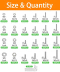 1270 Piece Stainless Steel Screw Kit M2 To M5 For 3D Printing Includes Allen Head And Flat Head Countersunk Bolts Metric Bolts Nuts Washers And Wrenches In Silver size quantity chart