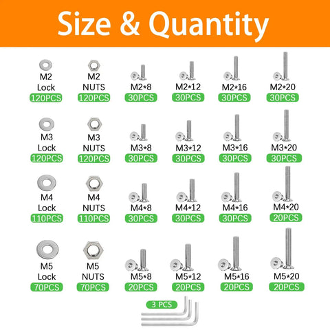 1270 Piece Stainless Steel Screw Kit M2 To M5 For 3D Printing Includes Allen Head And Flat Head Countersunk Bolts Metric Bolts Nuts Washers And Wrenches In Silver size quantity chart