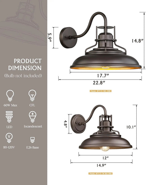 Dimensions for 12 Inch Vintage Farmhouse Outdoor Wall Sconces 2 Pack Oil Rubbed Bronze Finish Curved Arm Barn Lights.
