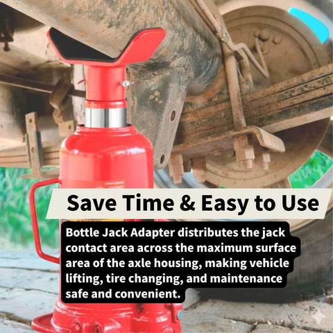 Bottle Jack Adapter With Triple Lock Fits Eight To Twenty Ton Jacks Up To Two Point One Inch Ram Diameter in use under vehicle axle
