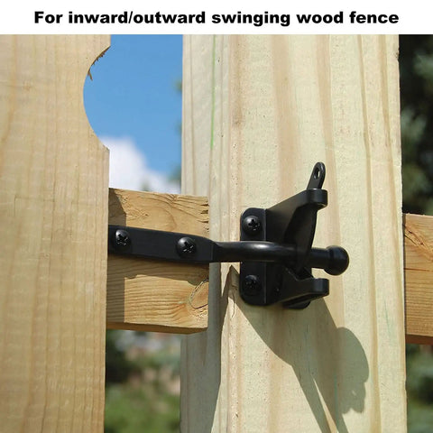 2 Pack Gate Latch For Wooden Fences, Gravity Self Locking, Heavy Duty Stainless Steel Hardware Kit installed on wooden gate
