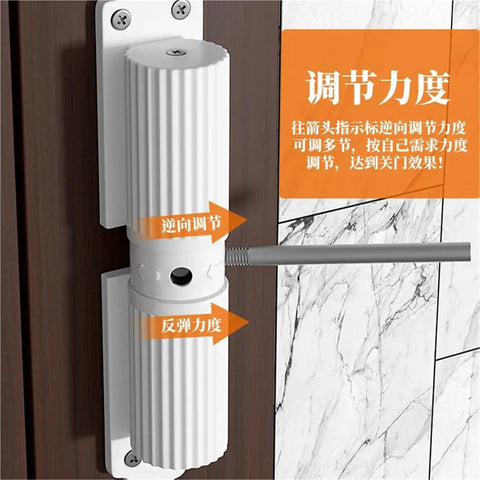 Automatic Aluminum Door Closer With Safety Spring Soft Close for sliding glass doors, 180-degree swing, installed on door frame.