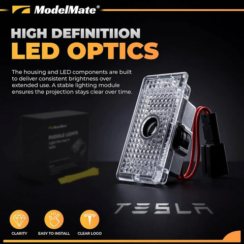 Tesla Logo Puddle Lights For Car Doors 4 Pack With HD LED Projection, close-up of clear LED module showing installation ease.