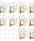 10 Pack Invisible Adhesive Wall Hooks With Chic Gold Shell Design Waterproof Heavy Duty Strong Hold For Bathroom Shower Kitchen Organization Easy Install Straight Up Game Changing Setup, clear with gold accents.