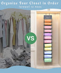 Tshirt And Leggings Closet Organizer With 24 Compartments Space Saving Hanging Storage For T Shirts Jeans Scarves And Activewear Easy Foldable Gray Organizer Pack Of 3 shown in a tidy closet vs messy clothes pile.