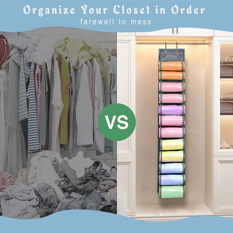 Tshirt And Leggings Closet Organizer With 24 Compartments Space Saving Hanging Storage For T Shirts Jeans Scarves And Activewear Easy Foldable Gray Organizer Pack Of 3 shown in a tidy closet vs messy clothes pile.