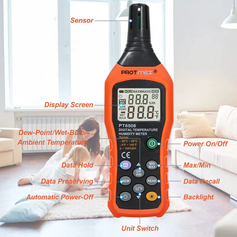 Digital Temp And Humidity Meter With Ambient Dew Point And Wet Bulb, Indoor Outdoor, Backlit LCD, PT6508 displayed in living room