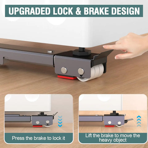 Close-up of Heavy Duty Appliance Rollers with 36 Inch Extendable Sliders and anti-slip feet in use, showing lock and brake design.