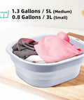 Collapsible Wash Basin Set 5L Foldable Dish Tub with clothes on wooden surface, gray plastic for camping and kitchen use