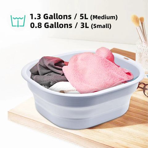 Collapsible Wash Basin Set 5L Foldable Dish Tub with clothes on wooden surface, gray plastic for camping and kitchen use
