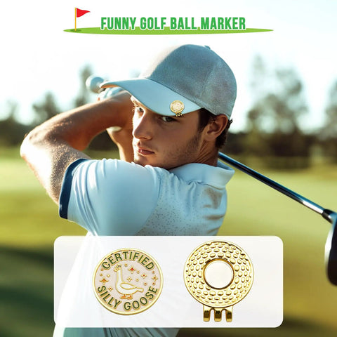 Golfer wearing funny goose golf ball marker with magnetic hat clip, dope golf accessory for men and women, featuring humorous design.
