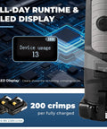 Top Shelf Heavy Duty Electric Hydraulic Pro Press Copper Crimper with OLED display showing device usage and crimping cycles.