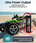 Beefy 3S 11.1V 2200mAh 50C LiPo Battery With XT60 Connector next to an RC car on a beach