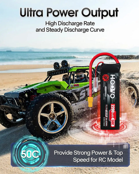 Beefy 3S 11.1V 2200mAh 50C LiPo Battery With XT60 Connector next to an RC car on a beach