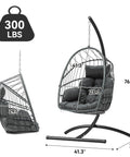 Chill Outdoor Hanging Egg Chair With Stand For Patio And Garden, Cushioned Wicker Rattan Swing Chair, dimensions view, gray