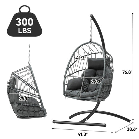 Chill Outdoor Hanging Egg Chair With Stand For Patio And Garden, Cushioned Wicker Rattan Swing Chair, dimensions view, gray
