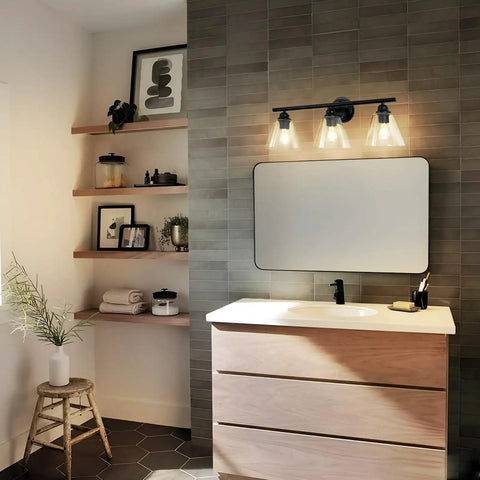 Farmhouse Modern Vanity Light Fixture Matte Black Rustic Wall Sconce for Bathroom with curved silhouette above mirror cabinet