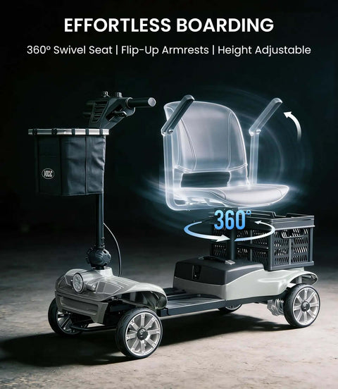 Go-To Long Range Folding Mobility Scooter for Seniors and Adults, 28.5 Mile Electric Power Ride, 360-degree swivel seat, silver.