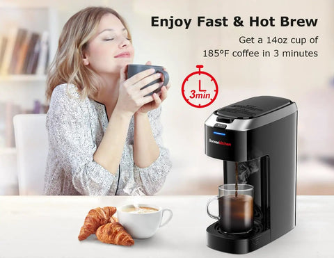Single Serve K Cup Pod Coffee Maker With Six To Fourteen Oz Brew Size One Touch Fast Three Minute Brew Strength Control BPA Free Materials Fits Six Point Six Inch Travel Mugs Silver Upgrade brewing coffee and woman enjoying cup.
