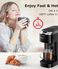 One Touch Single Serve Coffee Maker For K Cup Pods, Fast 3 Minute Brew, Space Saving Mini Brewer, shown on a kitchen counter with coffee and croissant