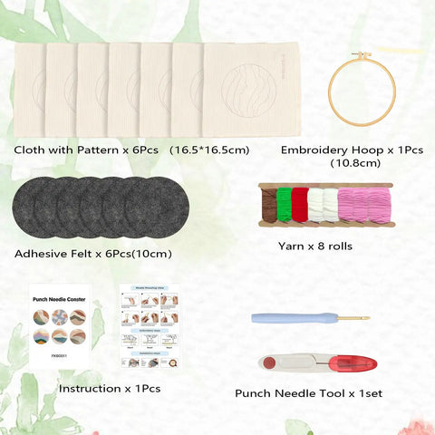 Six Piece Punch Needle Coaster Kit Set For Beginners And Adults with yarns, hoop, monk's cloth, felt, needle, and instructions.