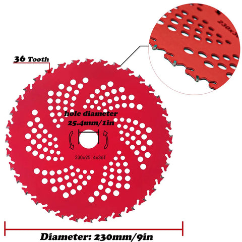 Heavy Duty Carbide Tipped Brush Cutter Blades Set For 9 Inch 36 Teeth And 10 Inch 3 Teeth Weed Eater Blades Fits Most Gas And Electric Trimmers For Tackling Thick Brush. Red 9-inch 36-tooth carbide blade with 1-inch arbor showing detail.