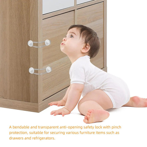 Baby near cabinet secured with 4 Pack Kid Proof Cabinet Locks For Drawers And Furniture, Flexible Adhesive Strips For Easy Install
