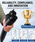 Person holding Plug And Go Nacs To Ccs1 Ev Adapter 500Amp 1000V Dc Fast Charger with awards for quality.
