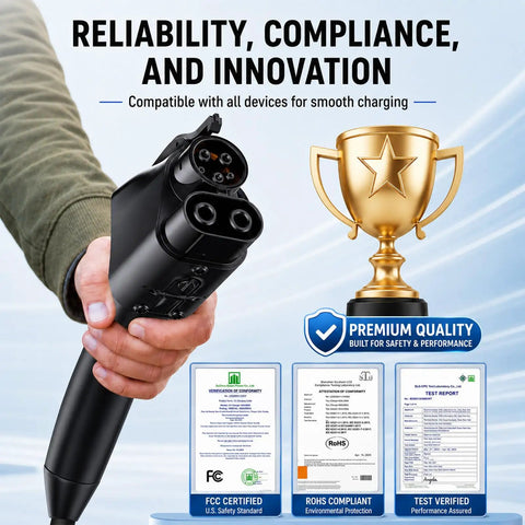 Person holding Plug And Go Nacs To Ccs1 Ev Adapter 500Amp 1000V Dc Fast Charger with awards for quality.