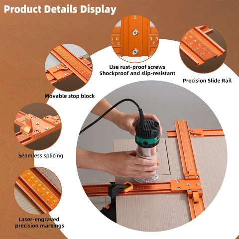 Runs Slick 50 Inch Circular Saw Guide Rail Kit Crafted From Heavy Duty Aluminum Alloy For Flawless Straight Cuts And Precise Board Cutting That Truly Knocks It Out, showing precision slide rail and movable stop block.