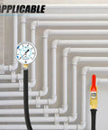Front view MEANLIN gas pressure test gauge kit with 40-in hose, 1/8 in NPT fittings, red valve near white piping