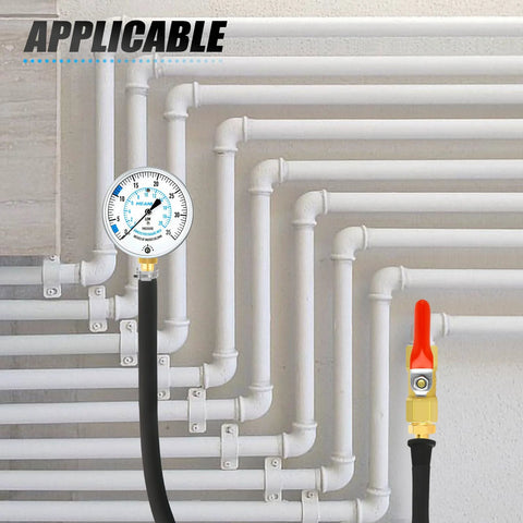 Front view MEANLIN gas pressure test gauge kit with 40-in hose, 1/8 in NPT fittings, red valve near white piping